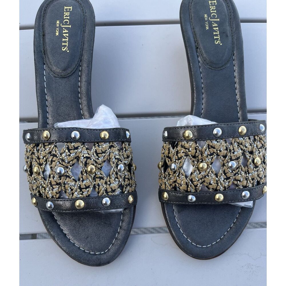 Eric Javitts Kitten Heel Embellished Leather Sandal - Size 9 - Pewter Gray/gold